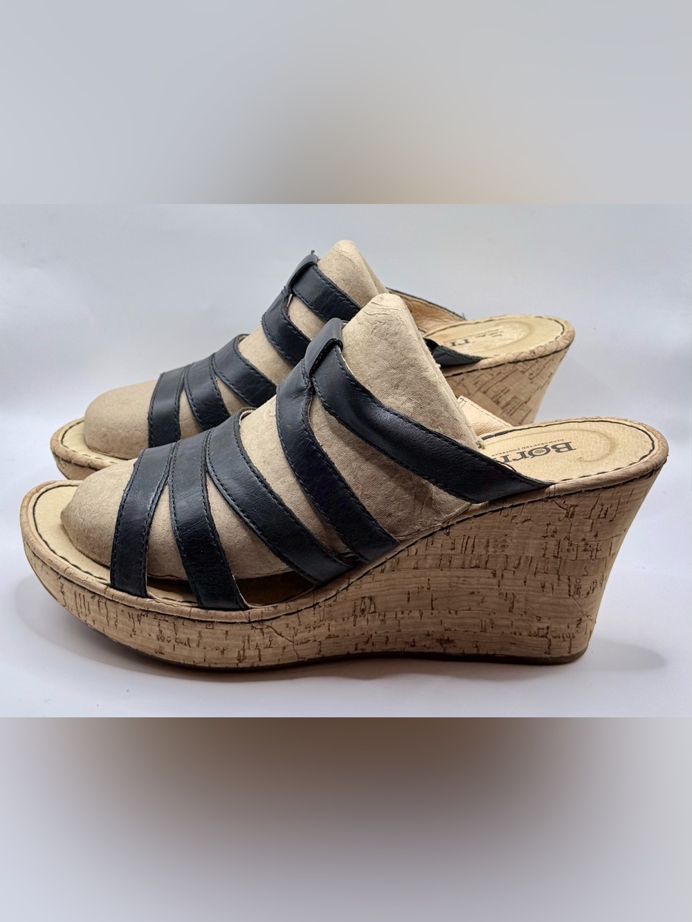 Born Leather Cork Platform Wedge Slide Sandals Black Size 11 VGUC